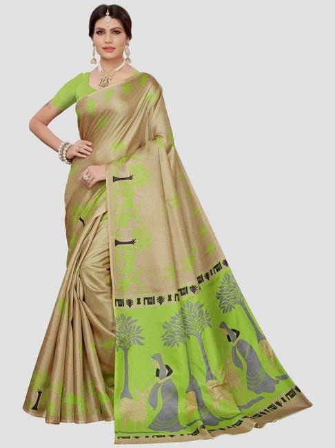 KSUT Green & Beige Printed Saree With Unstitched Blouse Price in India