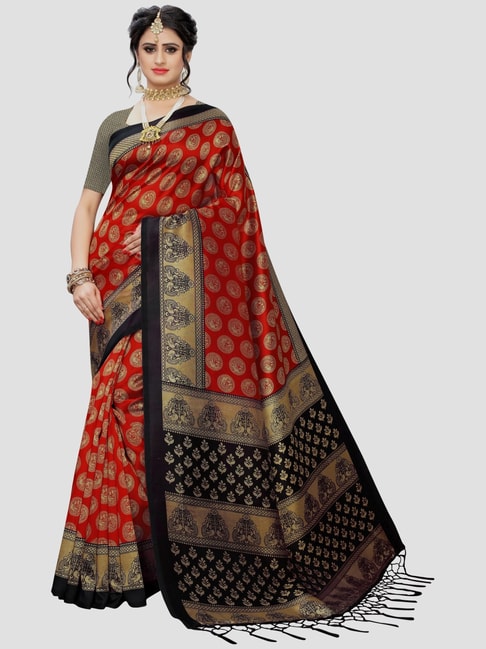KSUT Maroon Printed Saree With Unstitched Blouse Price in India