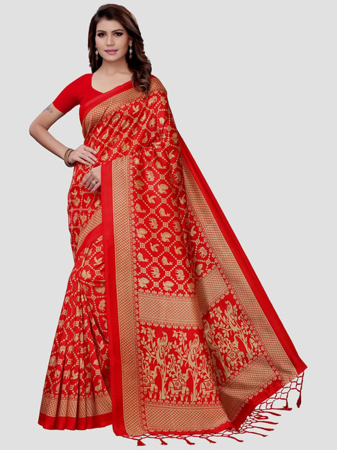 KSUT Red Printed Saree With Unstitched Blouse Price in India