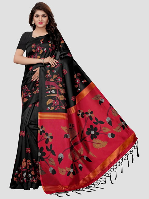 KSUT Black Floral Print Saree With Unstitched Blouse Price in India