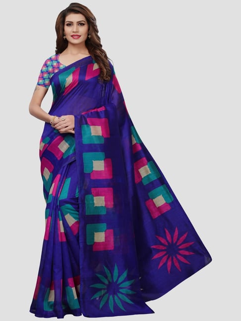 KSUT Royal Blue Printed Saree With Unstitched Blouse Price in India