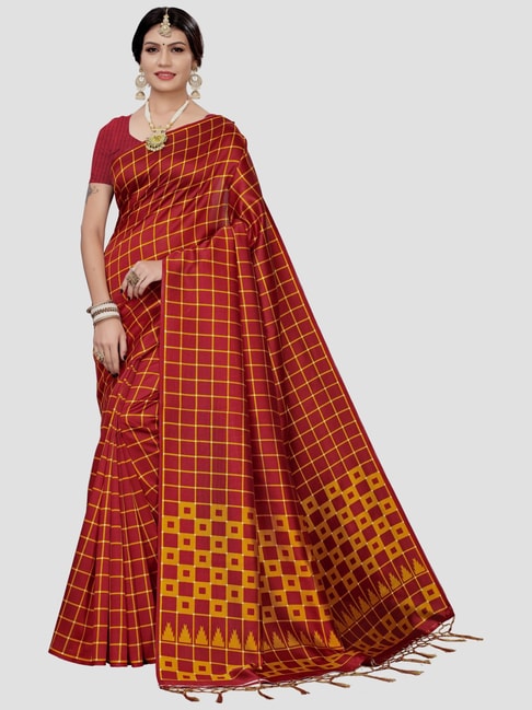 KSUT Red Chequered Saree With Unstitched Blouse Price in India