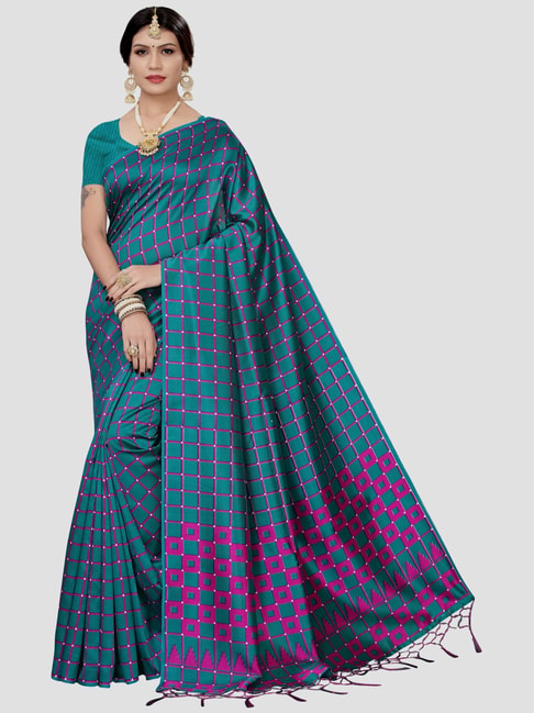 KSUT Turquoise Chequered Saree With Unstitched Blouse Price in India