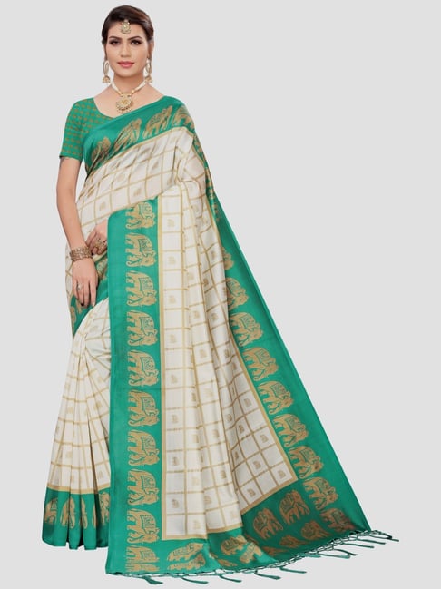 KSUT Cream & Turquoise Printed Saree With Unstitched Blouse Price in India