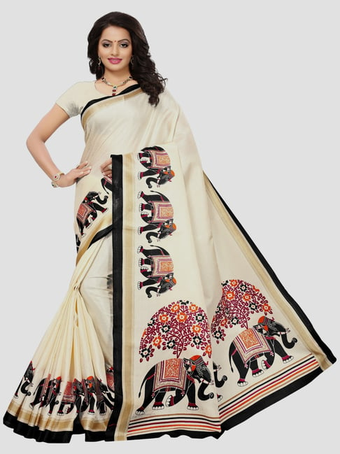 KSUT Cream & Black Printed Saree With Unstitched Blouse Price in India