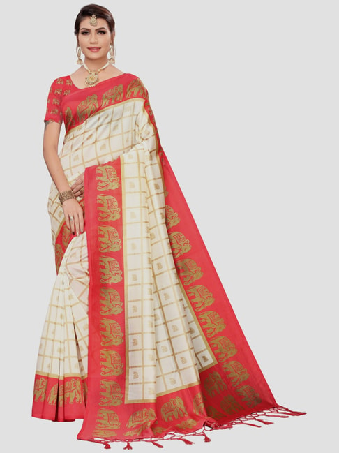 KSUT Cream & Red Printed Saree With Unstitched Blouse Price in India