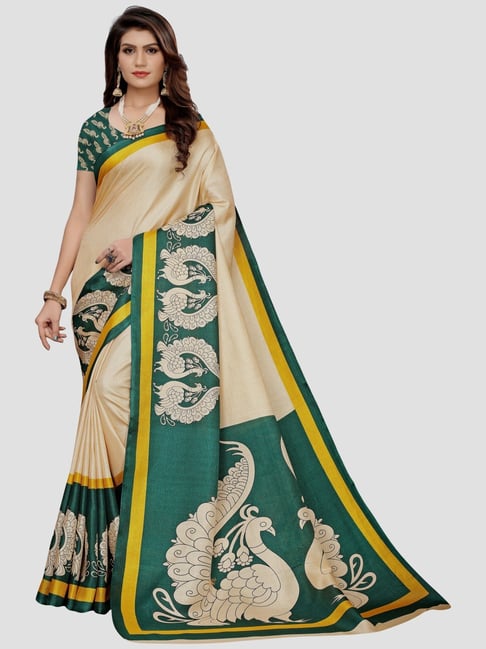 KSUT Green & Beige Printed Saree With Unstitched Blouse Price in India