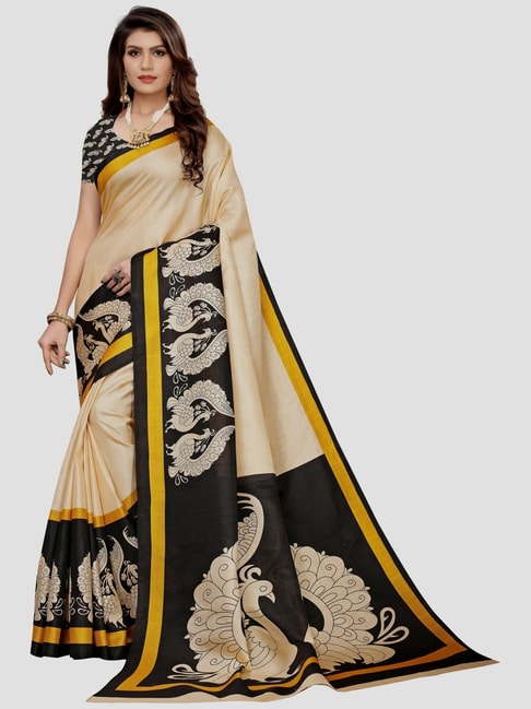 KSUT Black & Beige Printed Saree With Unstitched Blouse Price in India