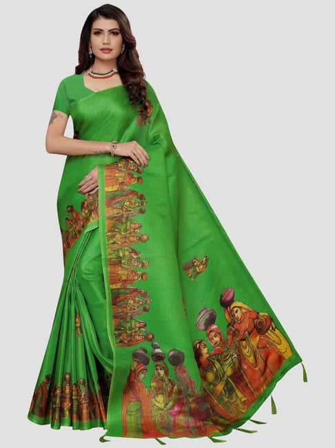 KSUT Green Printed Saree With Unstitched Blouse Price in India