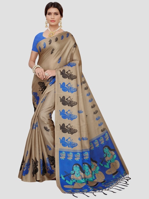 KSUT Beige & Blue Printed Saree With Unstitched Blouse Price in India