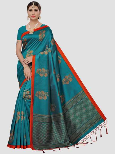 KSUT Turquoise Floral Print Saree With Unstitched Blouse Price in India