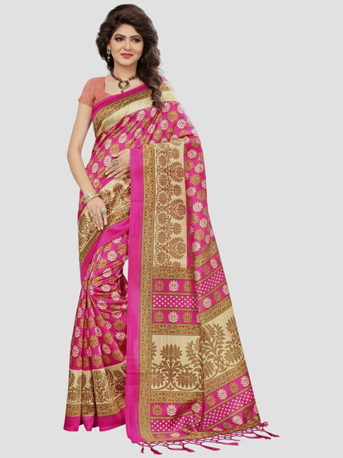 KSUT Pink Printed Saree With Unstitched Blouse Price in India