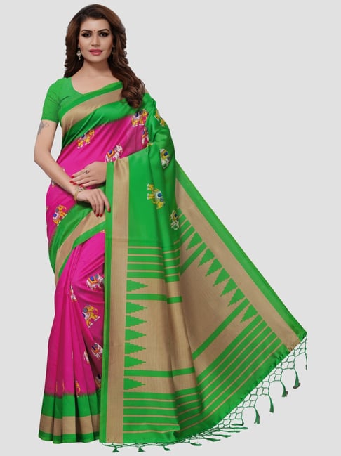 KSUT Green & Pink Printed Saree With Unstitched Blouse Price in India