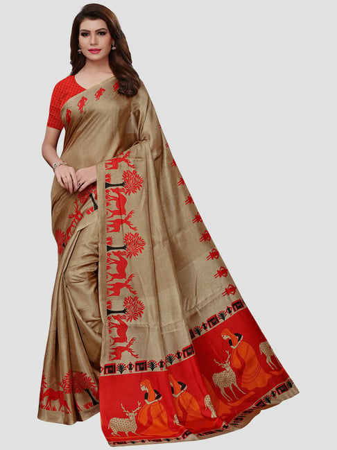 KSUT Beige & Red Printed Saree With Unstitched Blouse Price in India