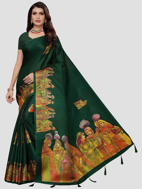 KSUT Green Printed Saree With Unstitched Blouse Price in India