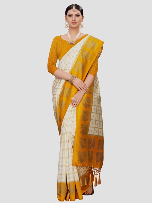 KSUT Beige & Mustard Printed Saree With Unstitched Blouse Price in India