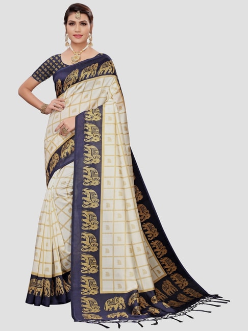 KSUT Cream & Blue Printed Saree With Unstitched Blouse Price in India