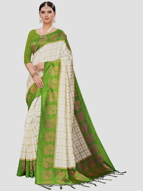 KSUT Cream & Green Printed Saree With Unstitched Blouse Price in India