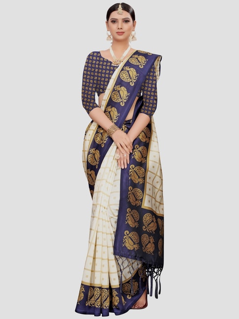KSUT Cream & Blue Printed Saree With Unstitched Blouse Price in India