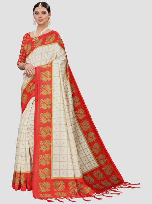 KSUT Cream & Red Printed Saree With Unstitched Blouse Price in India