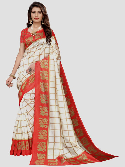 KSUT Cream & Red Chequered Saree With Unstitched Blouse Price in India