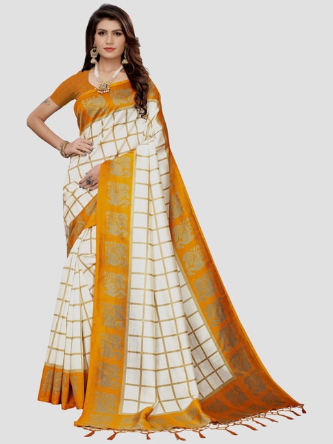 KSUT Cream & Yellow Chequered Saree With Unstitched Blouse Price in India