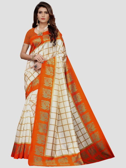KSUT Cream & Orange Printed Saree With Unstitched Blouse Price in India