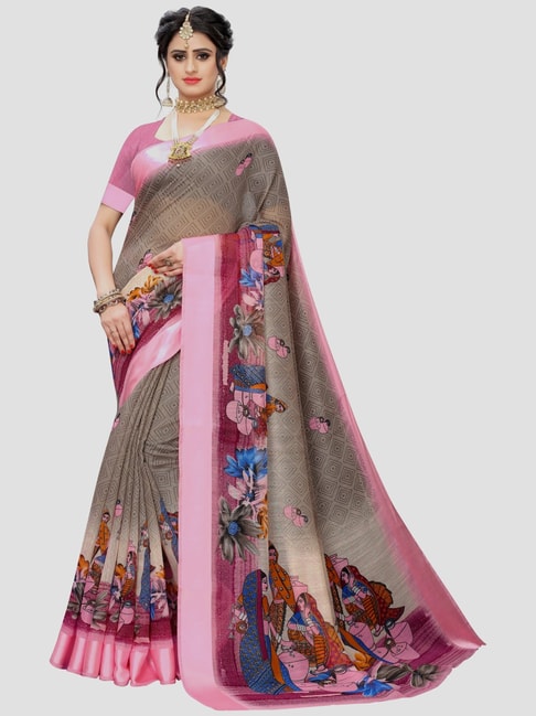 KSUT Beige & Pink Printed Saree With Unstitched Blouse Price in India