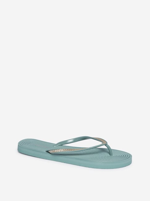 Buy LUNA BLU by Westside Sage Green Textured Flip-Flops Online at best ...