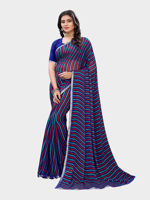 Saree Mall Blue Striped Saree With Blouse Price in India