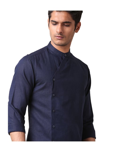 Buy True Blue Navy Full Sleeves Mandarin Collar Shirt for Men Online ...