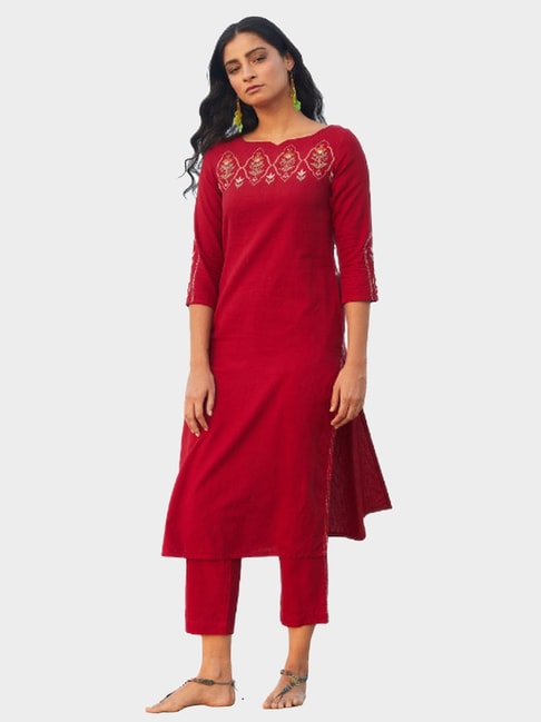 Okhai Red Hand Embroidered Cotton Handloom Kurta Pant Set Price in India