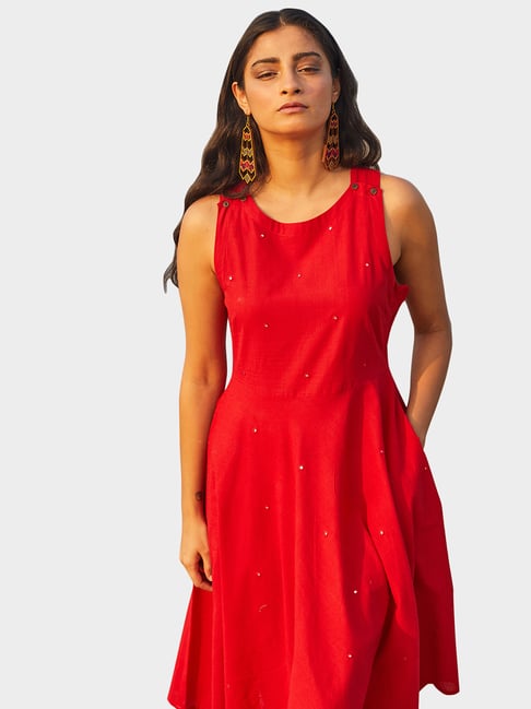 Buy Okhai Red Embellished Cotton Handloom Skater Dress for Women's Online @  Tata CLiQ