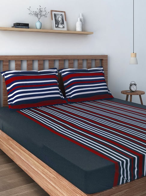 Swayam Stripes Red & Navy 180 TC Cotton King Bedsheet with 2 Pillow Covers-image-38