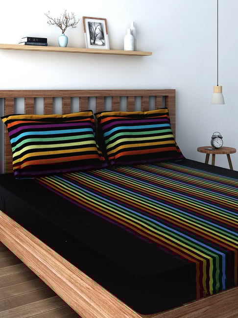 Swayam Magical Linea Stripes Multicolor 180 TC Cotton King Bedsheet with 2 Pillow Covers-picture-12