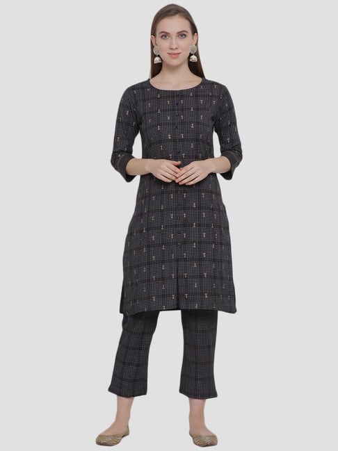 Span Grey Cotton Printed Kurta Pant Set