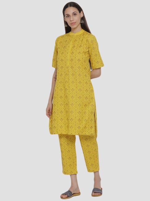 Span Yellow Cotton Printed Kurta Pant Set