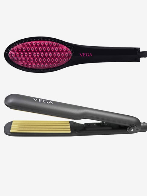 Vega X-Glam VHSB-01 Hair Straightening Brush & Classic VHCR-01 Hair Crimper Combo (Multicolor)