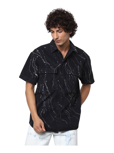 Jack & Jones Black Cotton Loose Fit Printed Shirt