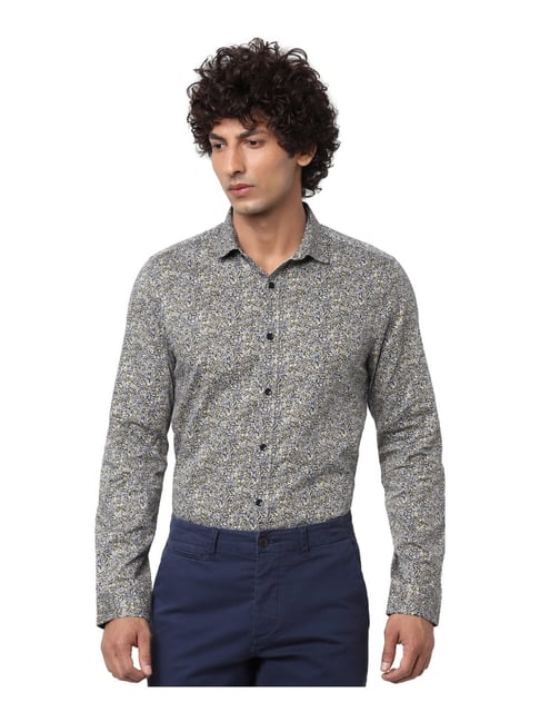 Jack & Jones Grey Cotton Slim Fit Printed Shirt