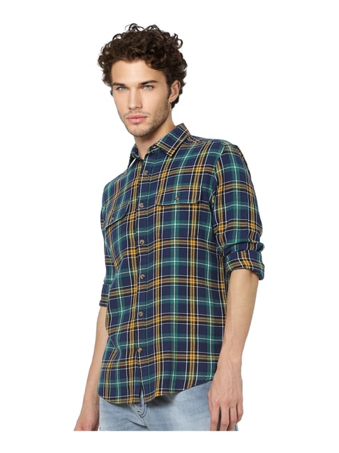 Jack & Jones Navy & Yellow Cotton Slim Fit Checks Shirt