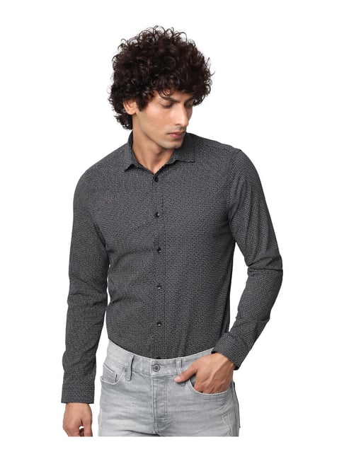 Jack & Jones Black Cotton Slim Fit Printed Shirt