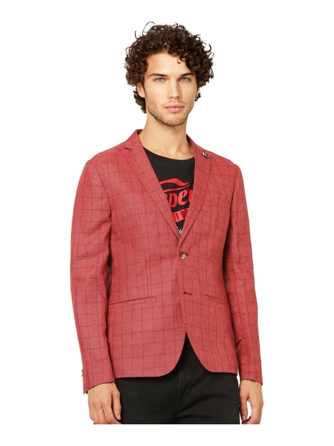 Jack & Jones Red Linen Slim Fit Checks Blazer