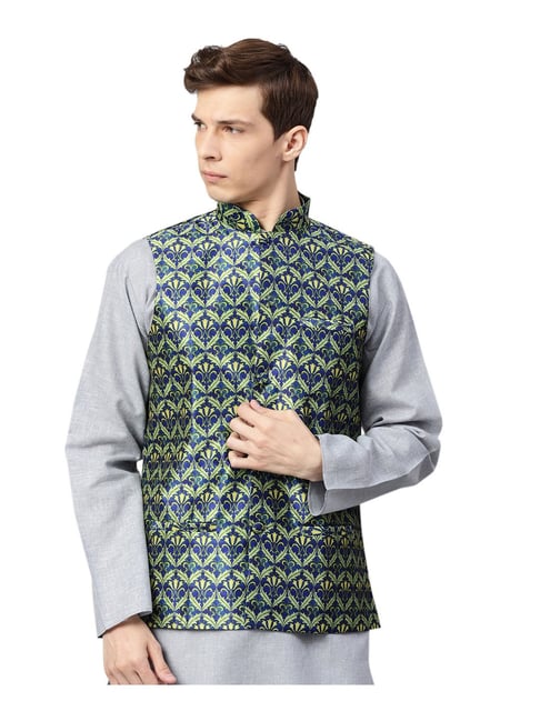 SHOWOFF Lime Green Cotton Slim Fit Printed Nehru Jacket
