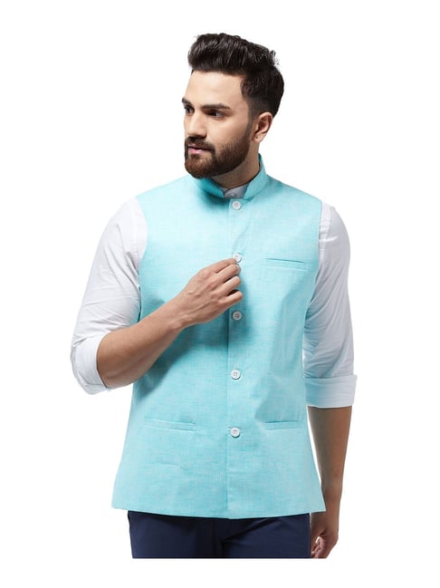 Woven Art Silk Jacquard Nehru Jacket in Sky Blue : MTX2018