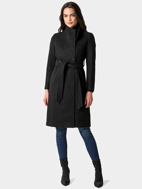 Buy Forever New Black Full Sleeves Heather Petite Wrap Coat for