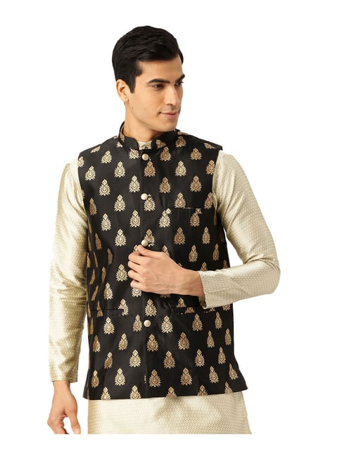 Golden Printed Art Silk Asymmetric Nehru Jacket in Black | Designer clothes  for men, Wedding kurta for men, Groom dress men