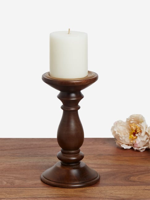 Buy Westside Home Dark Brown Mango Wood Medium Pillar Candle Stand ...