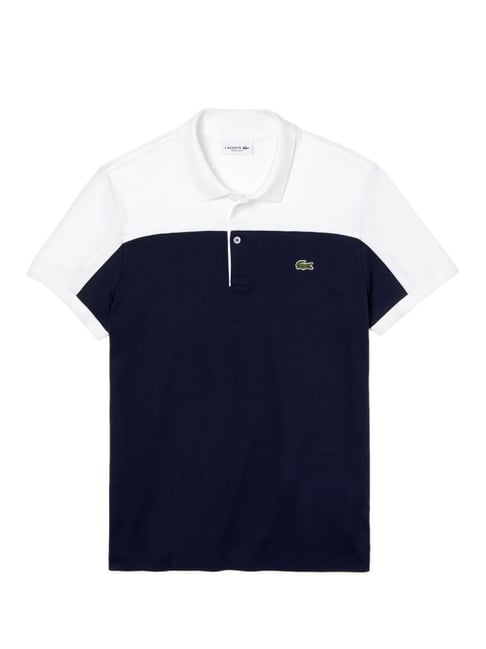 Lacoste Navy Blue White Piped Colour Block Cotton Regular Fit Polo T-Shirt
