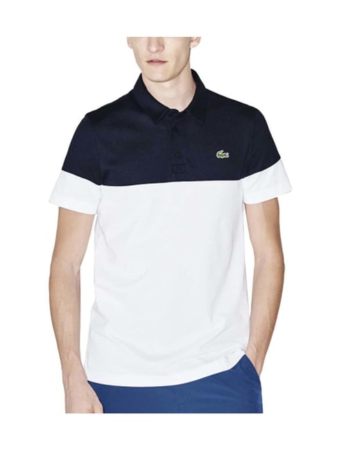 Lacoste White Navy Blue Regular Fit Colorblocked Polo T-Shirt